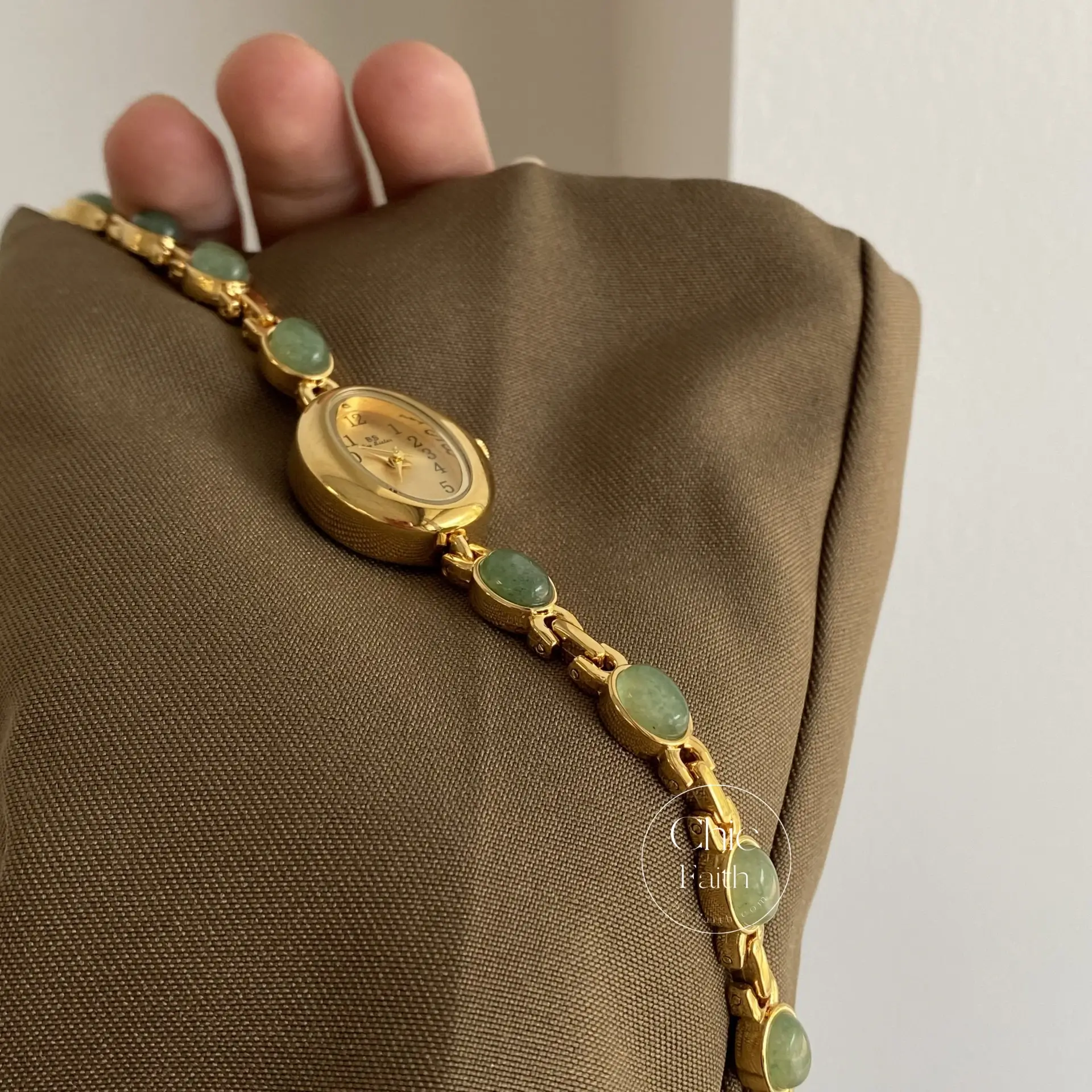 Vintage Women's Gold Watch Green Jade Stone Bracelet Watch