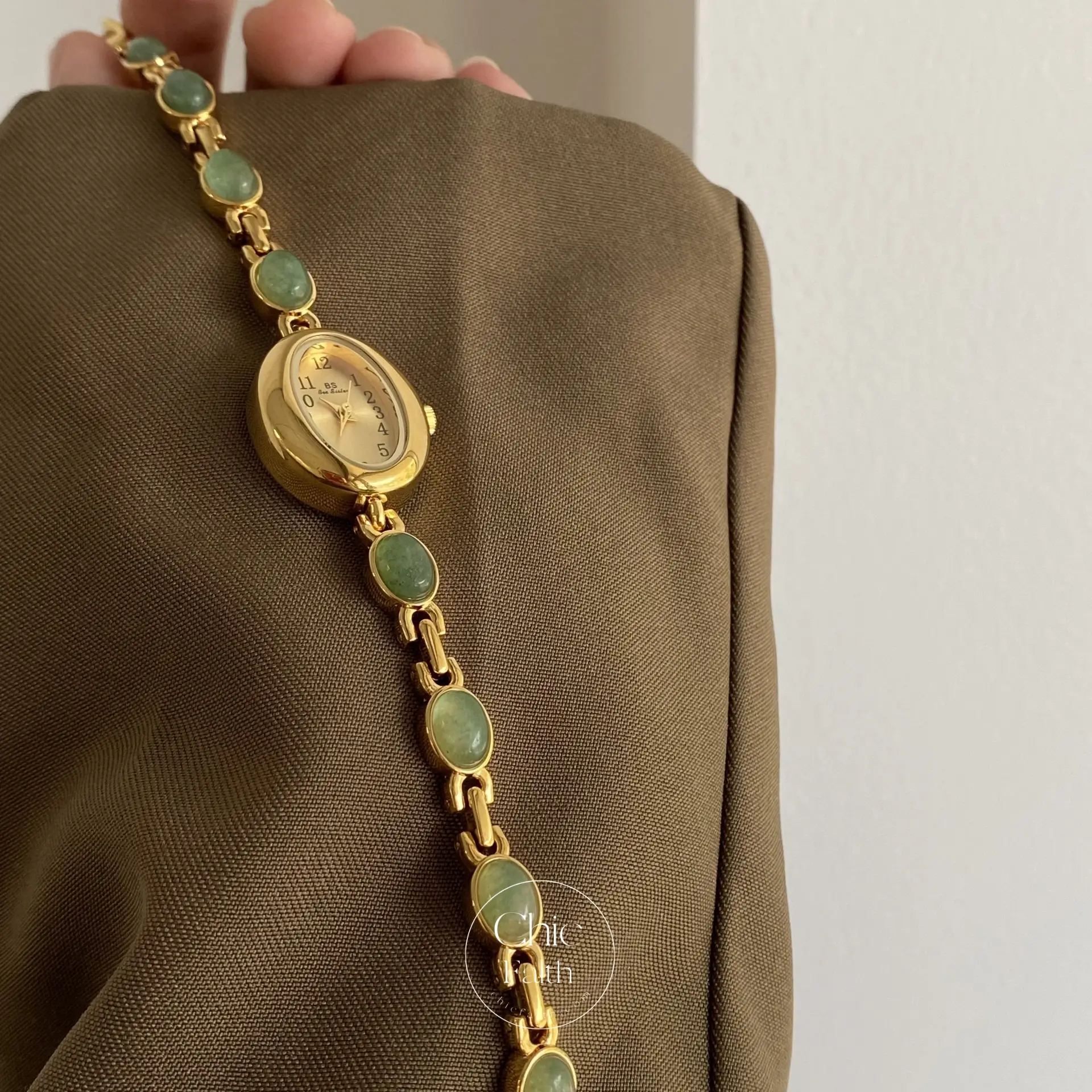 Vintage Women's Gold Watch Green Jade Stone Bracelet Watch