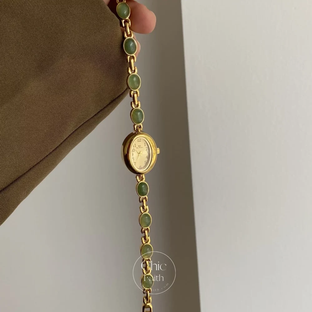 Vintage Women's Gold Watch Green Jade Stone Bracelet Watch