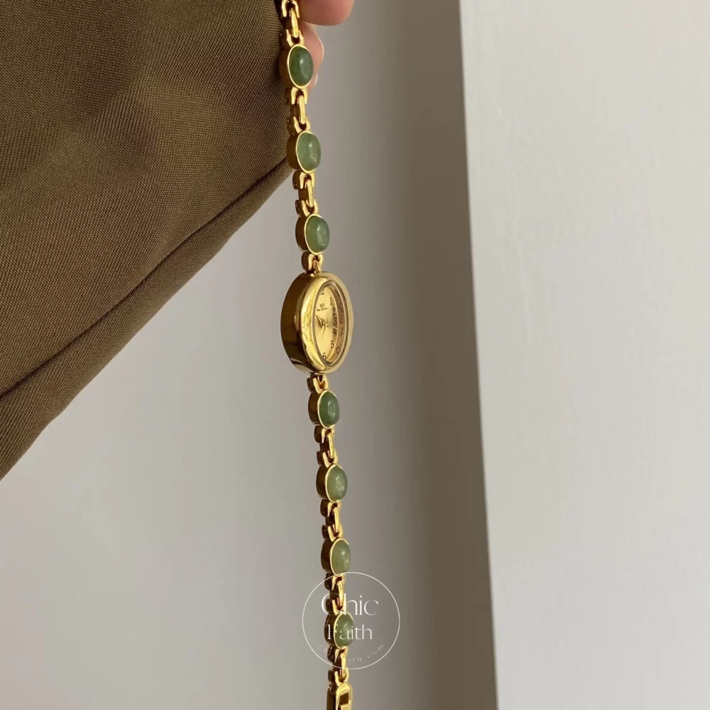 Vintage Women's Gold Watch Green Jade Stone Bracelet Watch