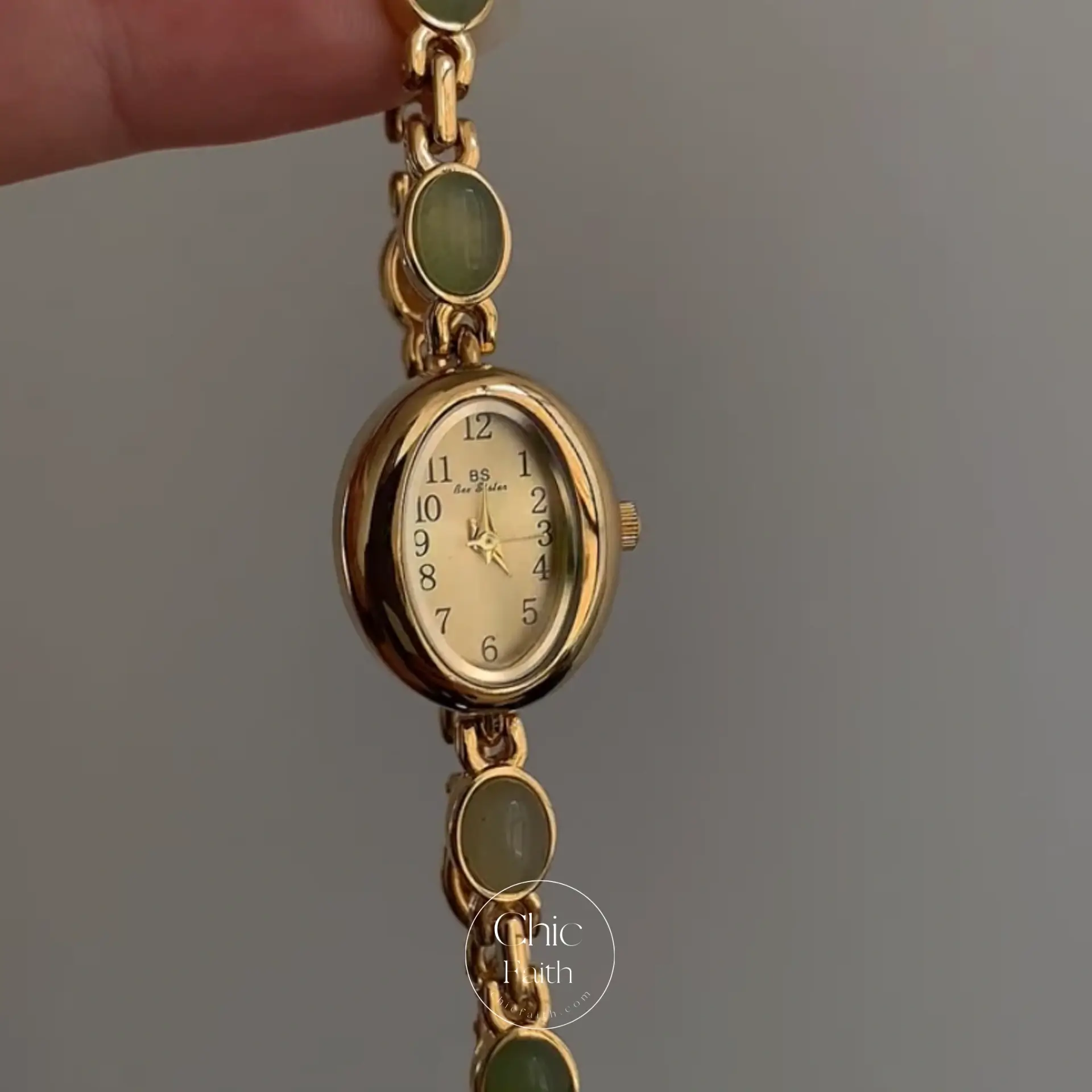 Vintage Women's Gold Watch Green Jade Stone Bracelet Watch