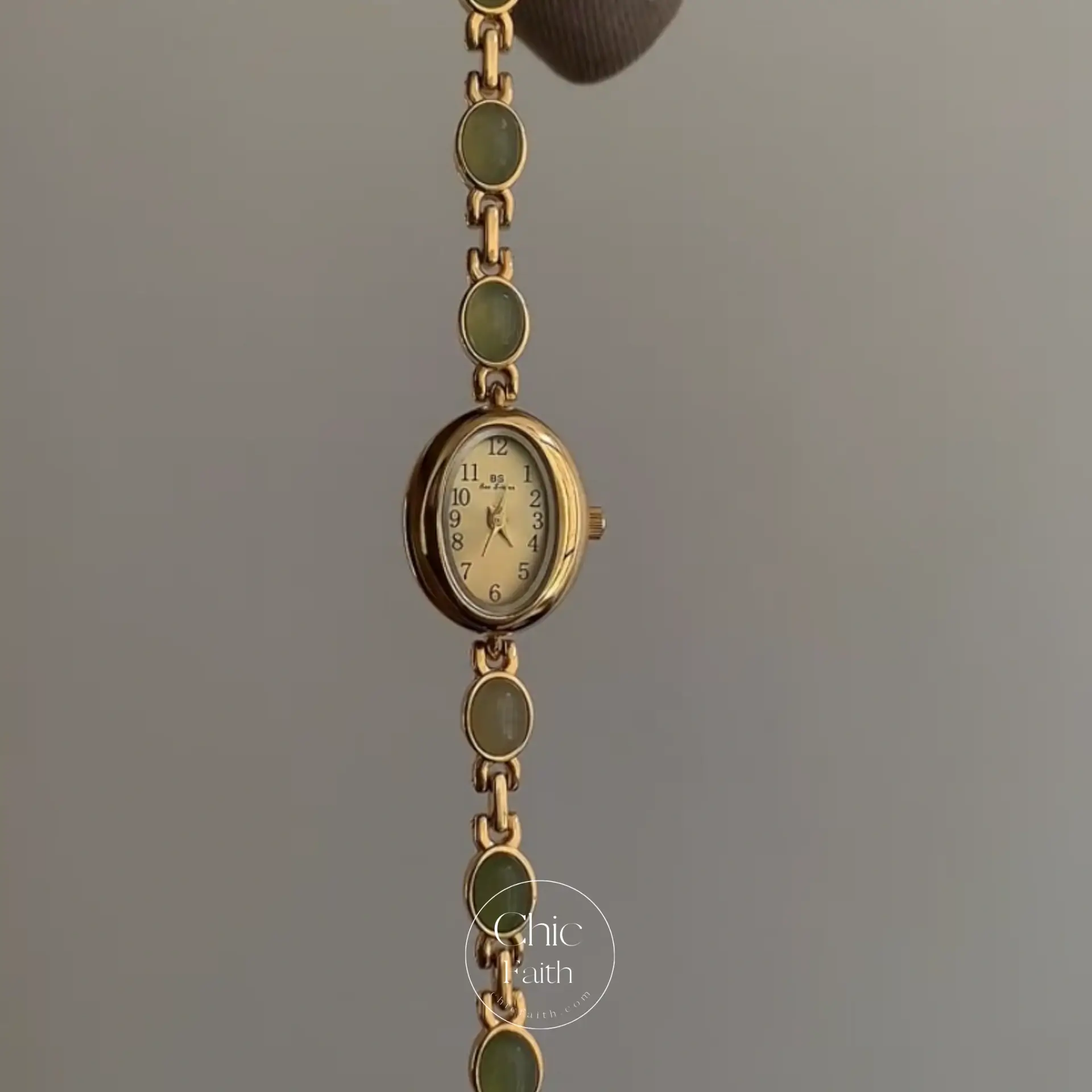 Vintage Women's Gold Watch Green Jade Stone Bracelet Watch