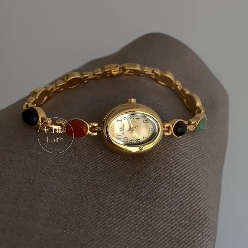Vintage Gold Watch Nature Stones Bracelet Watch for Women