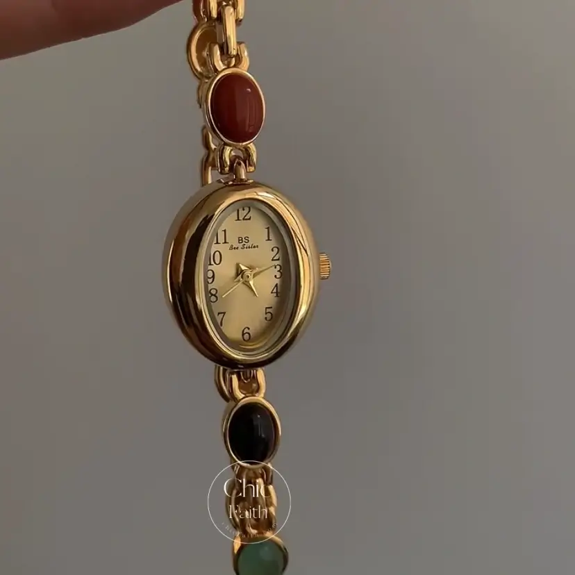 Vintage Gold Watch Nature Stones Bracelet Watch for Women