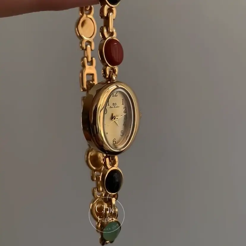 Vintage Gold Watch Nature Stones Bracelet Watch for Women