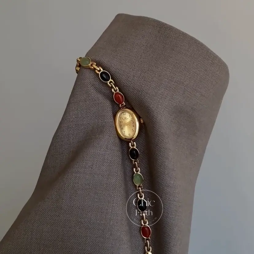 Vintage Gold Watch Nature Stones Bracelet Watch for Women