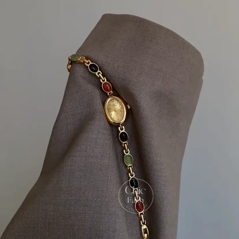 Vintage Gold Watch Nature Stones Bracelet Watch for Women