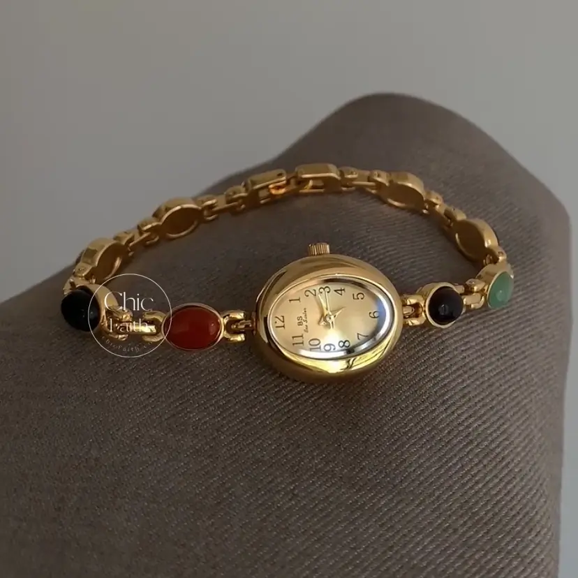 Vintage Gold Watch Nature Stones Bracelet Watch for Women