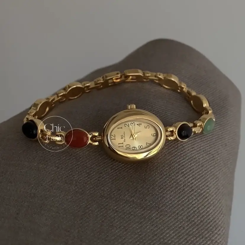 Vintage Gold Watch Nature Stones Bracelet Watch for Women