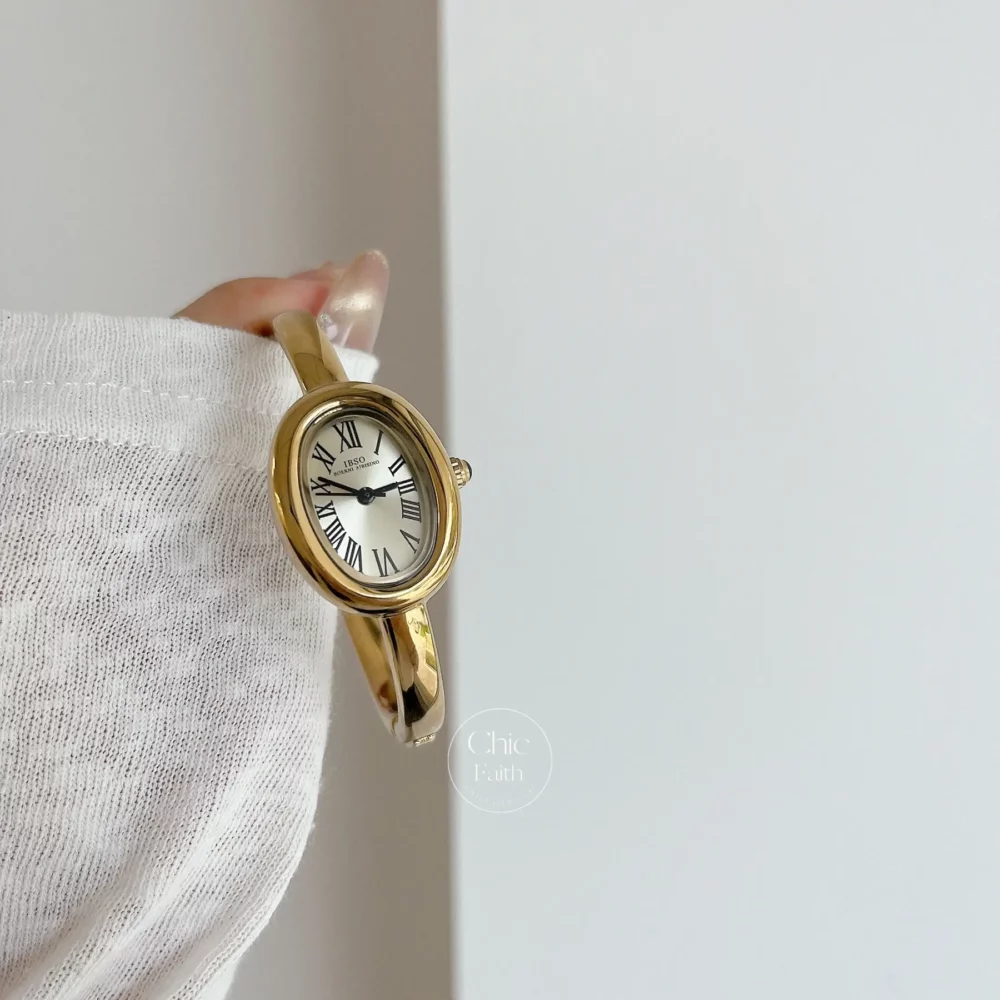 Vintage Gold Watch Oval Face Bangle Watch for Women