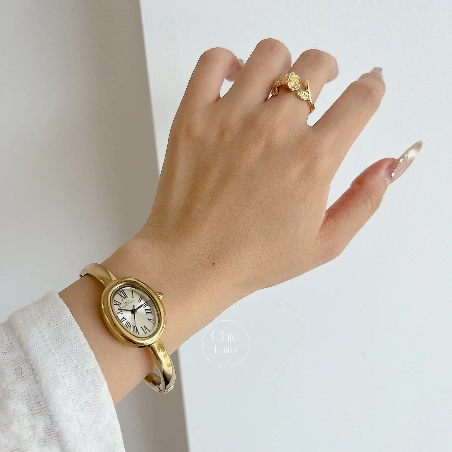 Vintage Gold Watch Oval Face Bangle Watch for Women