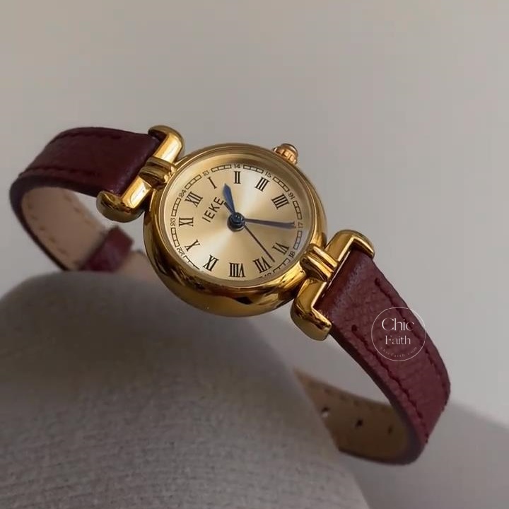 Vintage Style Gold Round Face Leather Ladies Watch