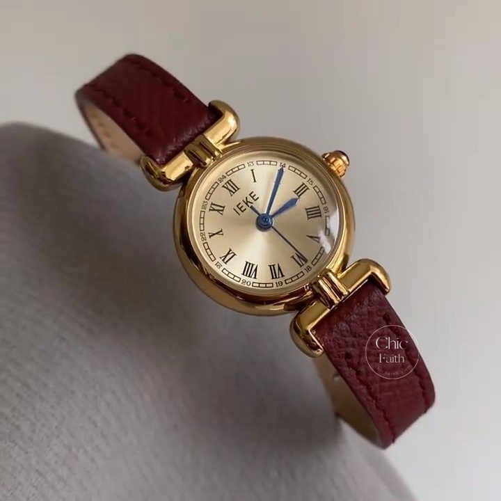 Vintage Style Gold Round Face Leather Ladies Watch