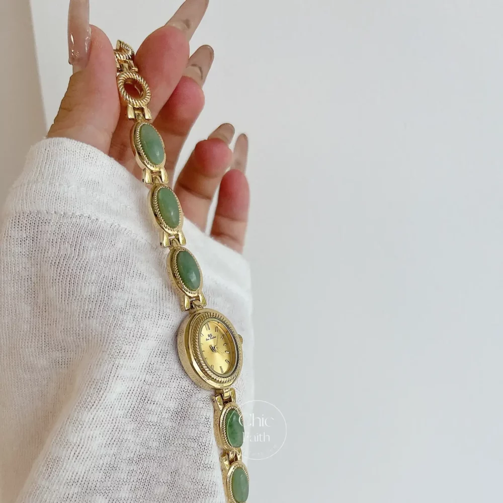 Vintage Gold Watch for women Green Jade Stone Bracelet Watch