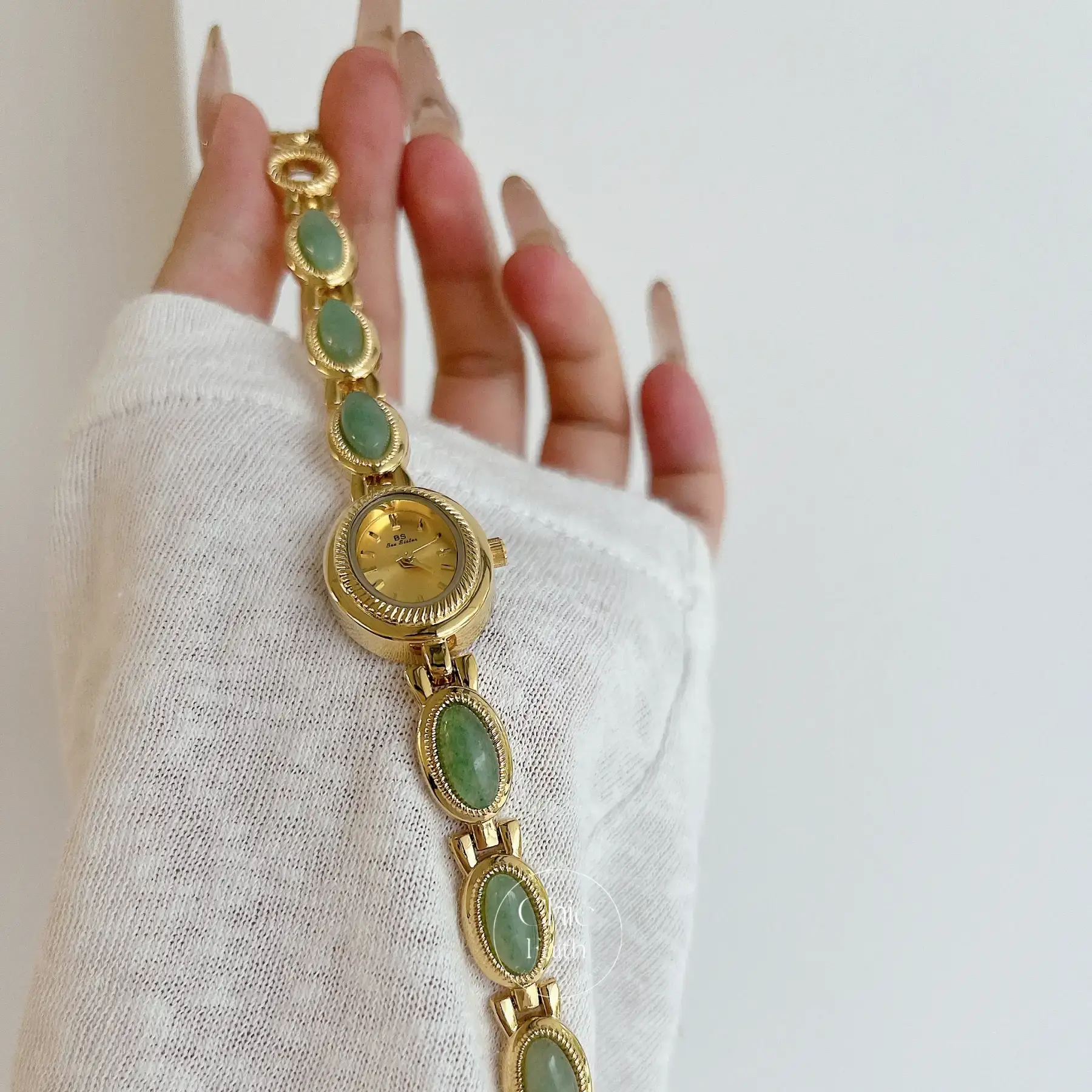 Vintage Gold Watch for women Green Jade Stone Bracelet Watch