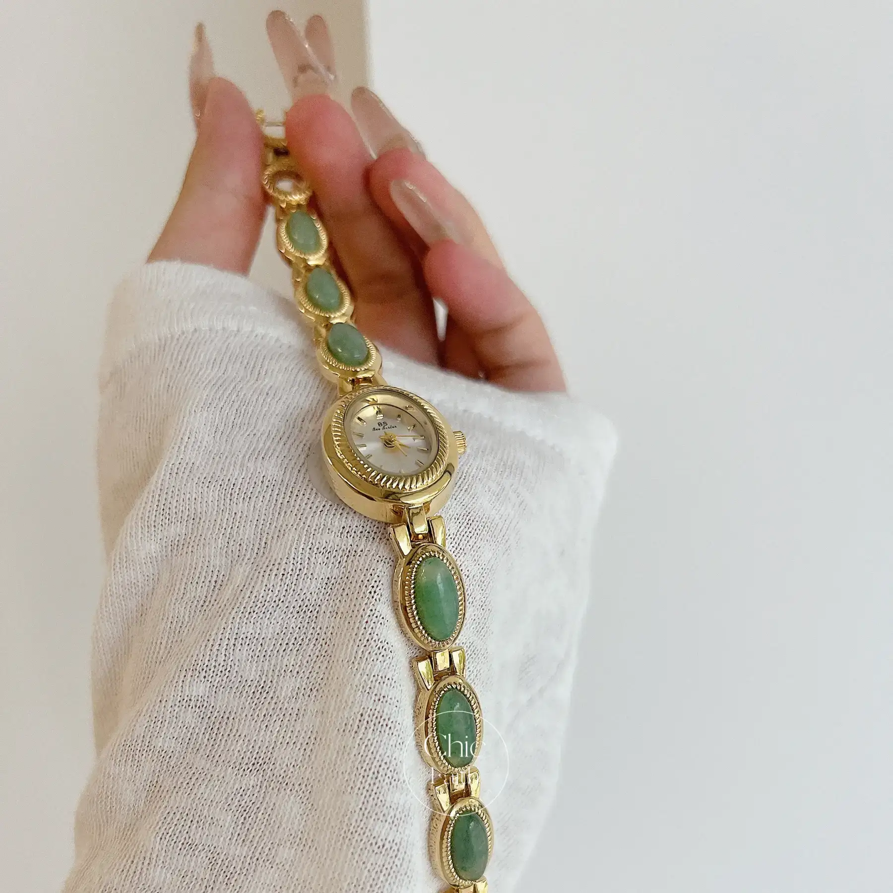 Vintage Gold Watch for women Green Jade Stone Bracelet Watch