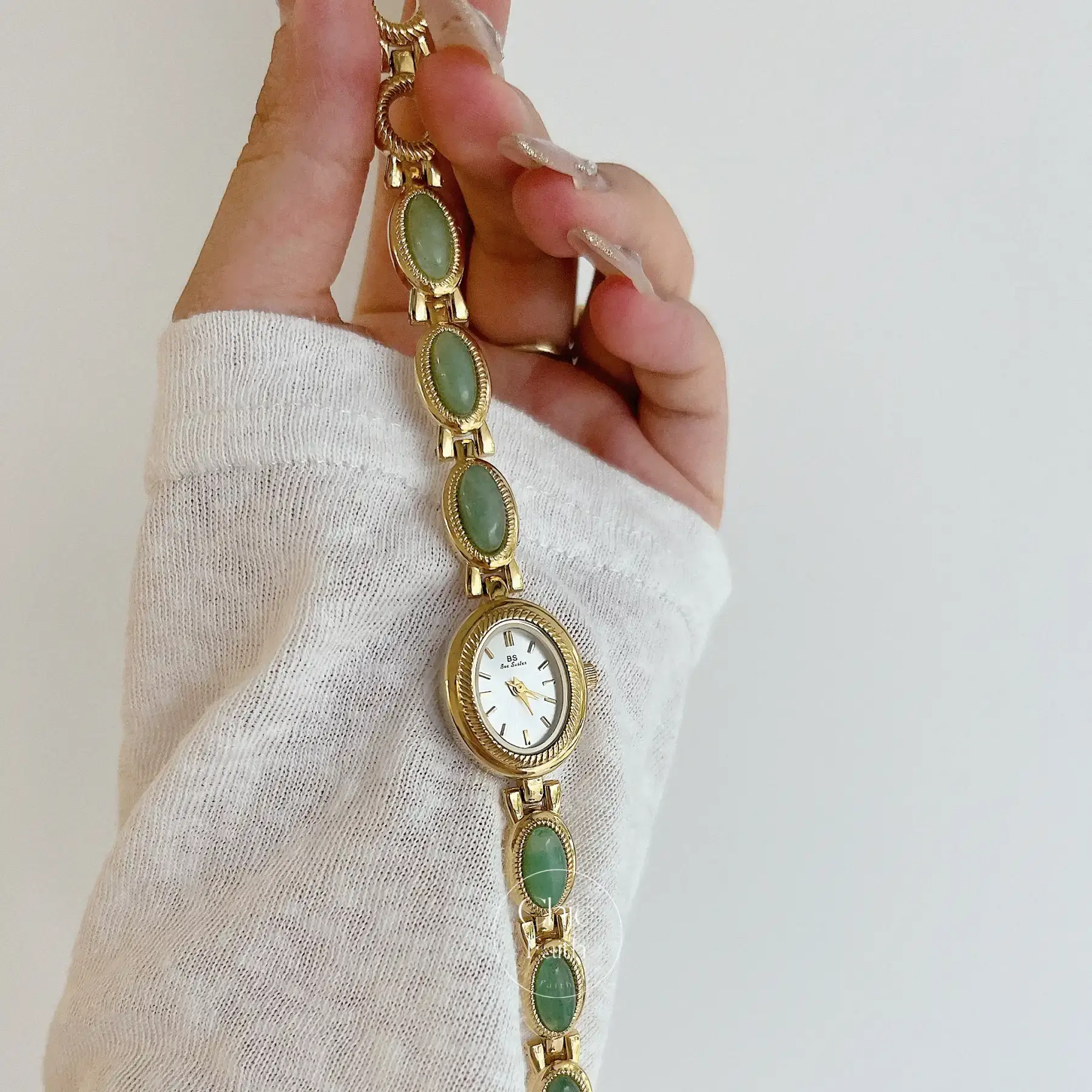Vintage Gold Watch for women Green Jade Stone Bracelet Watch