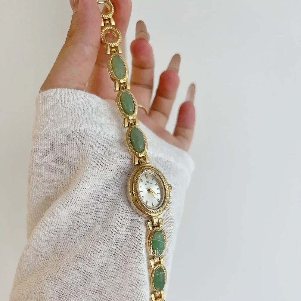 Vintage Gold Watch for women Green Jade Stone Bracelet Watch