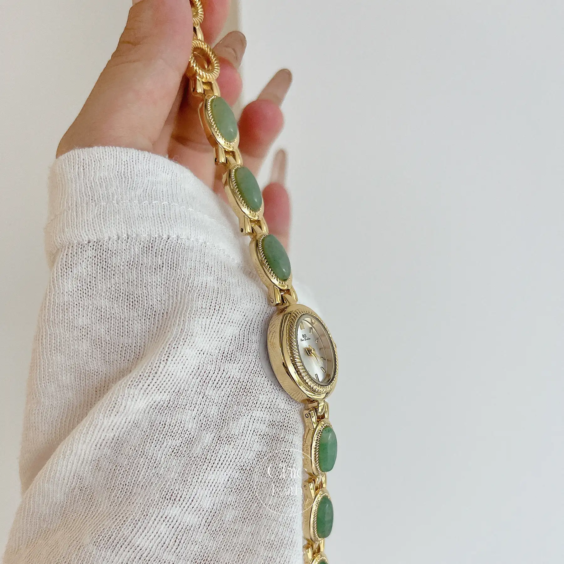 Vintage Gold Watch for women Green Jade Stone Bracelet Watch