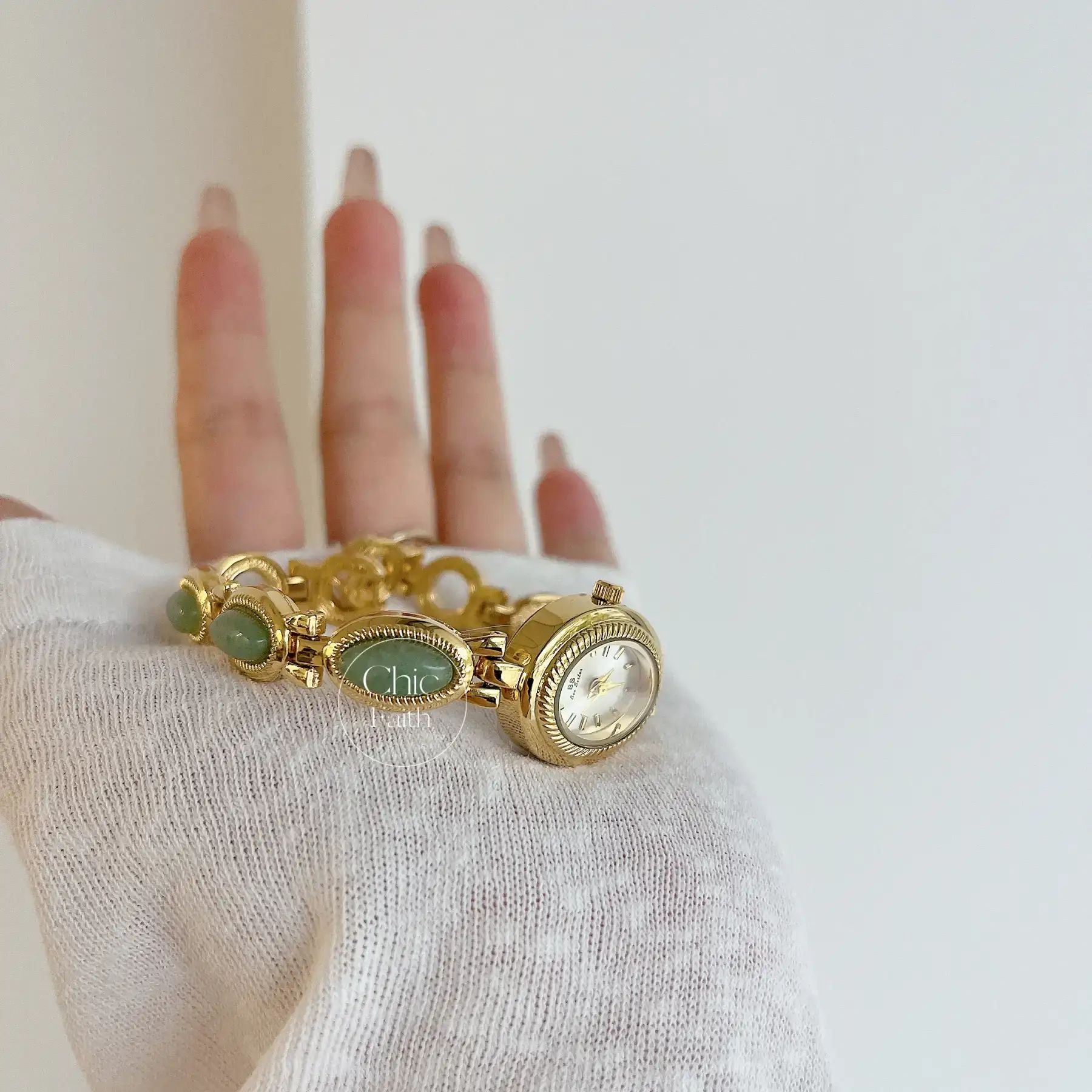 Vintage Gold Watch for women Green Jade Stone Bracelet Watch