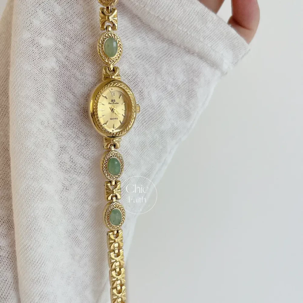 Vintage Oval Face Green Jade Stone Bracelet Watch