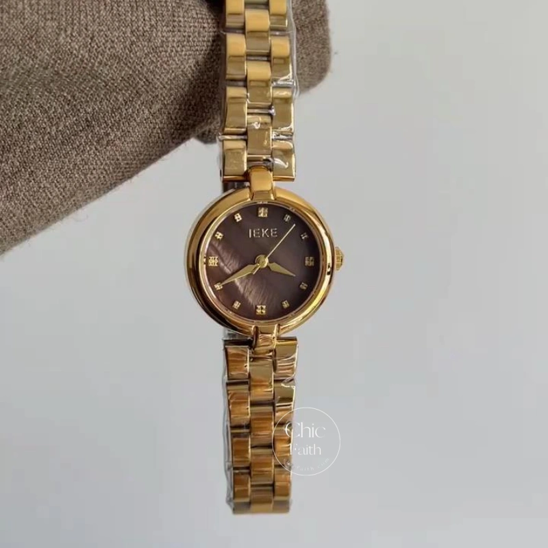 Elegant Gold Round Bracelet Watch with Brown Dial for Women