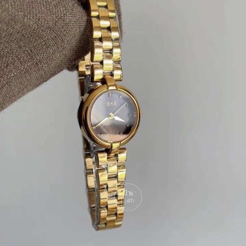 Elegant Gold Round Bracelet Watch with Brown Dial for Women