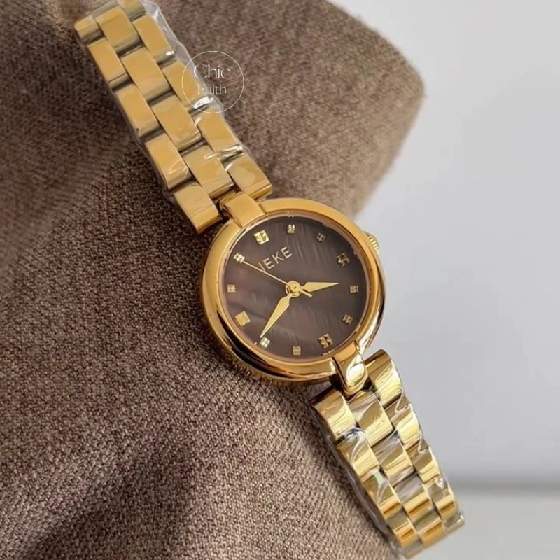 Elegant Gold Round Bracelet Watch with Brown Dial for Women