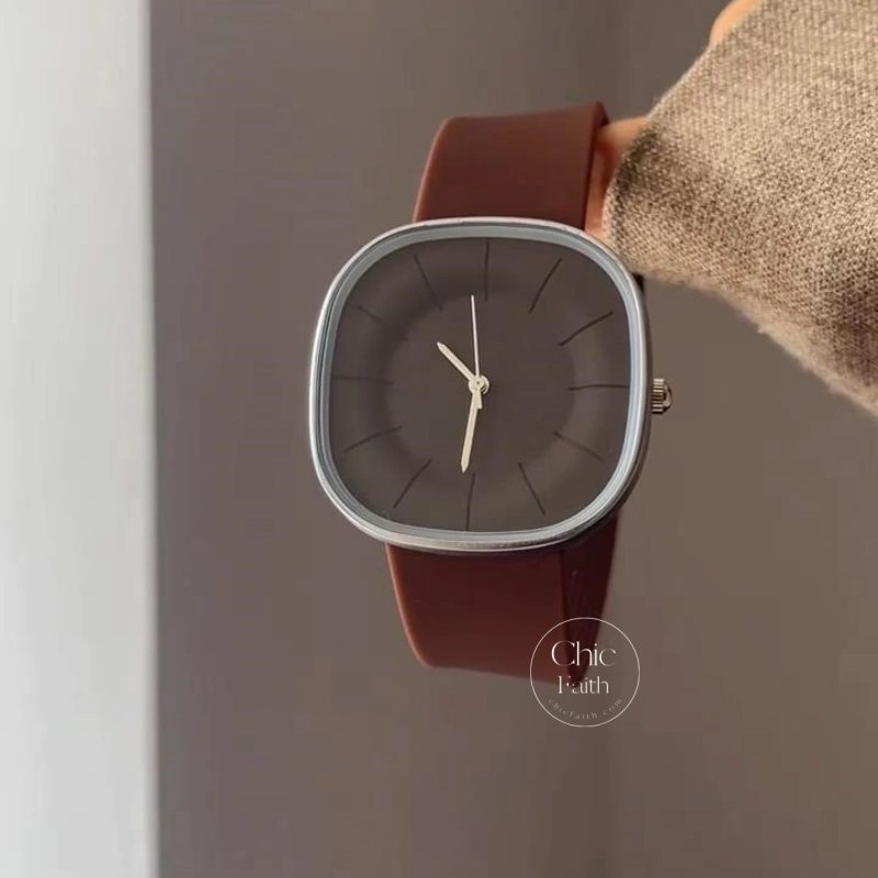 Modern Square Face Women’s Watch Brown Silicone Strap