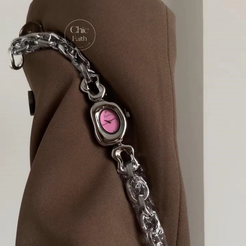 Irregular Pink Dial Watch for Women Minimalist Silver Bracelet Watch