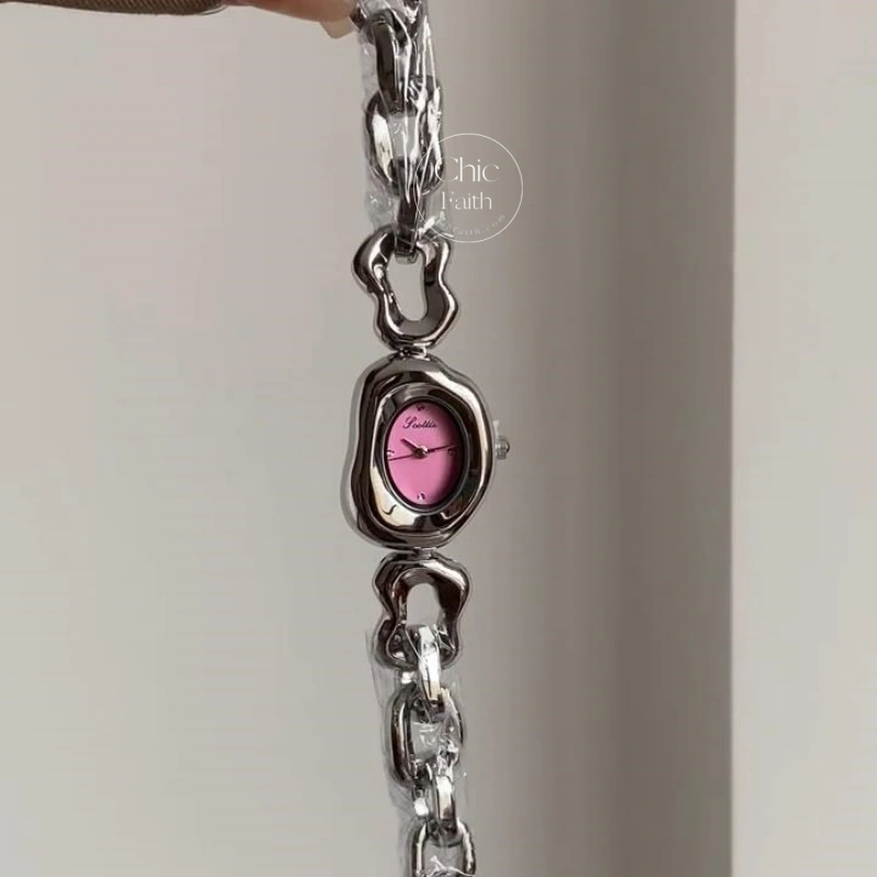 Irregular Pink Dial Watch for Women Minimalist Silver Bracelet Watch