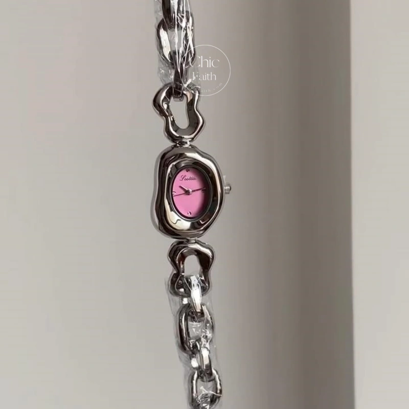 Irregular Pink Dial Watch for Women Minimalist Silver Bracelet Watch