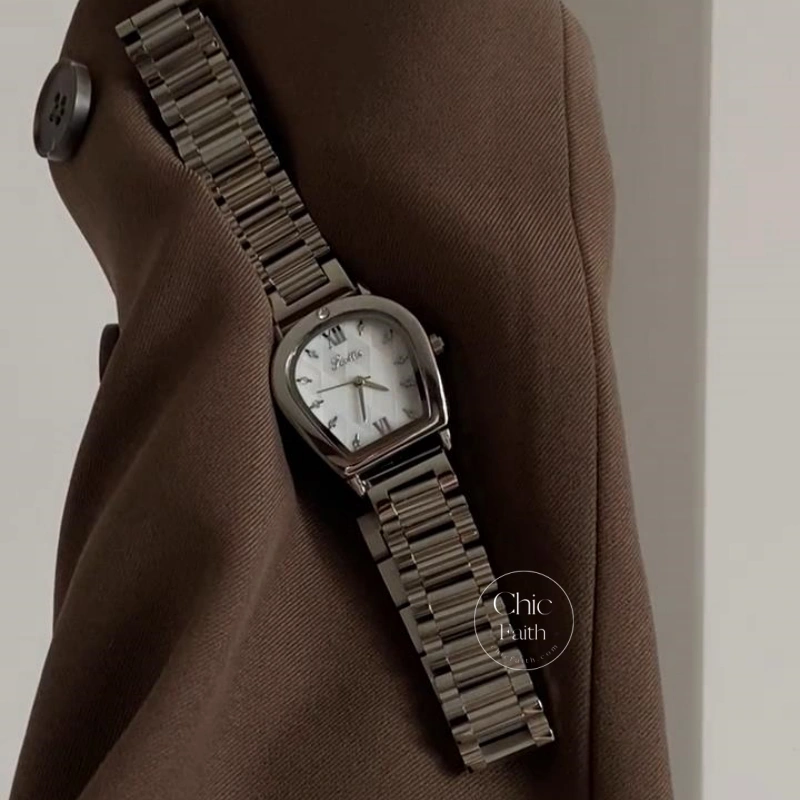 Elegant Roman Numeral Women's Watch Unique Case Design Silver Watch