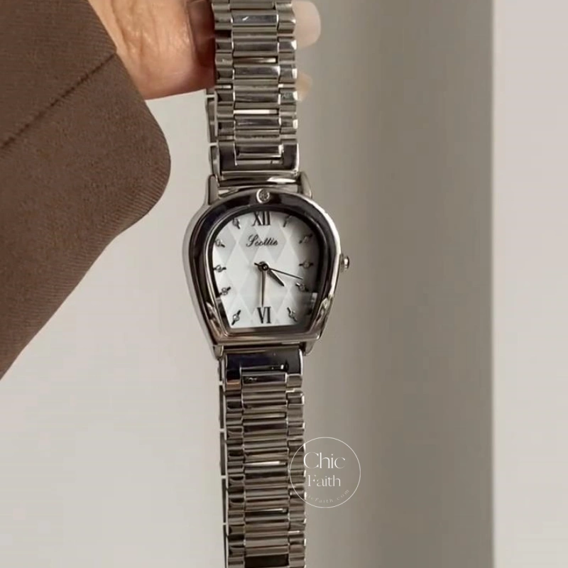 Elegant Roman Numeral Women's Watch Unique Case Design Silver Watch