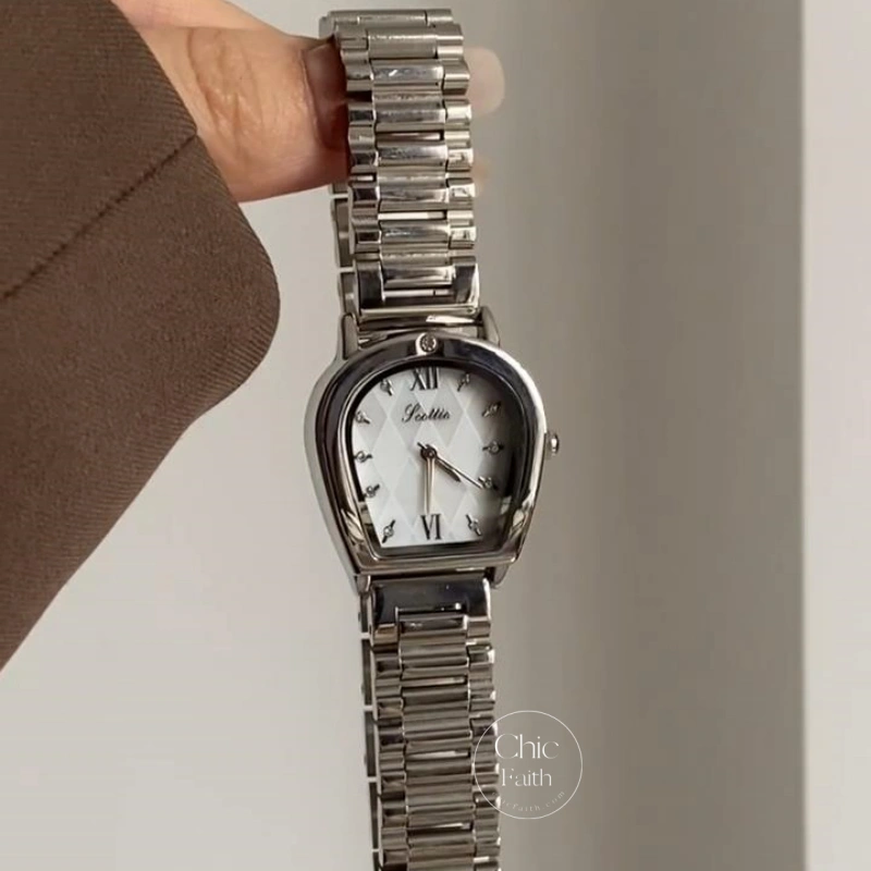 Elegant Roman Numeral Women's Watch Unique Case Design Silver Watch