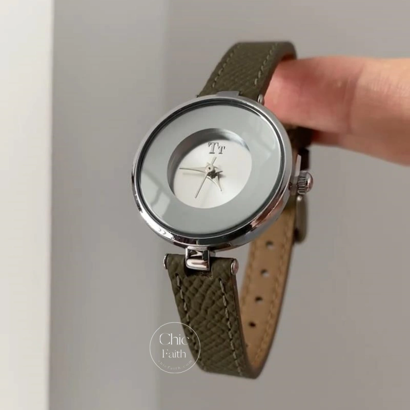 Minimalist Silver Dial Watch Modern Gray Leather Watch for Women