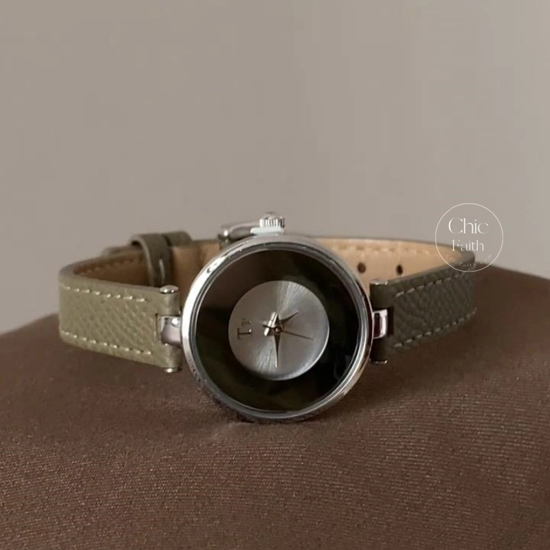 Minimalist Silver Dial Watch Modern Gray Leather Watch for Women