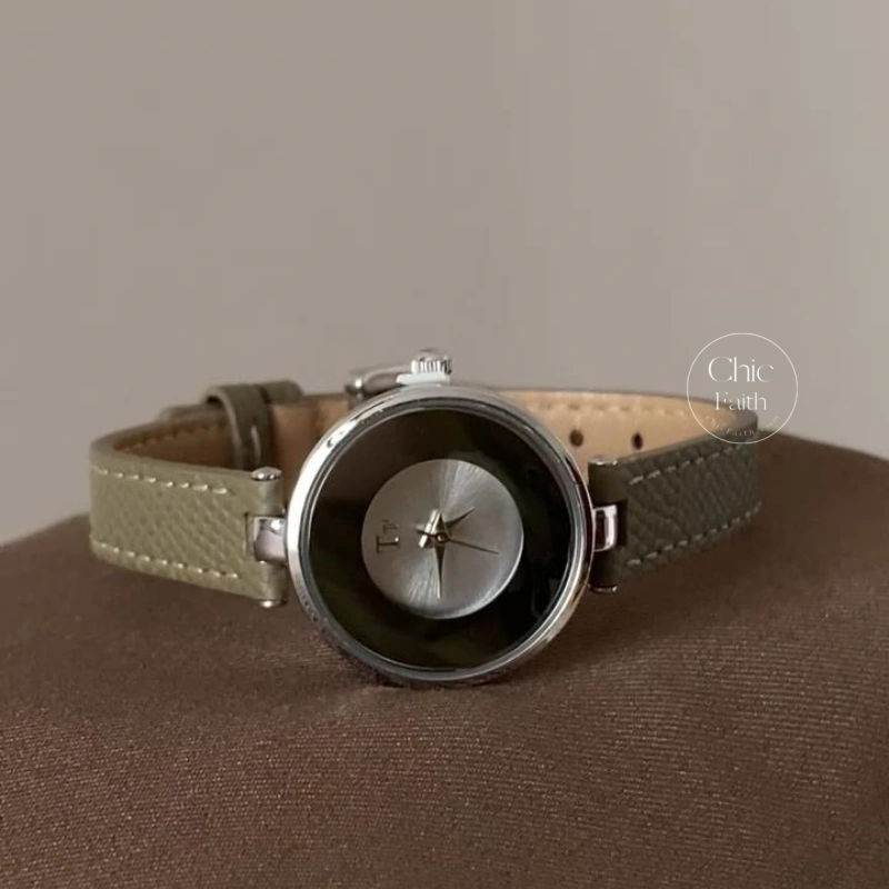 Minimalist Silver Dial Watch Modern Gray Leather Watch for Women