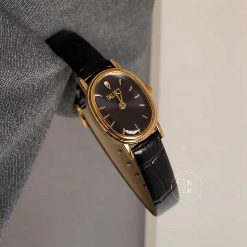 Classic Black Oval Dial Women's Watch Minimalist Leather Strap Watch