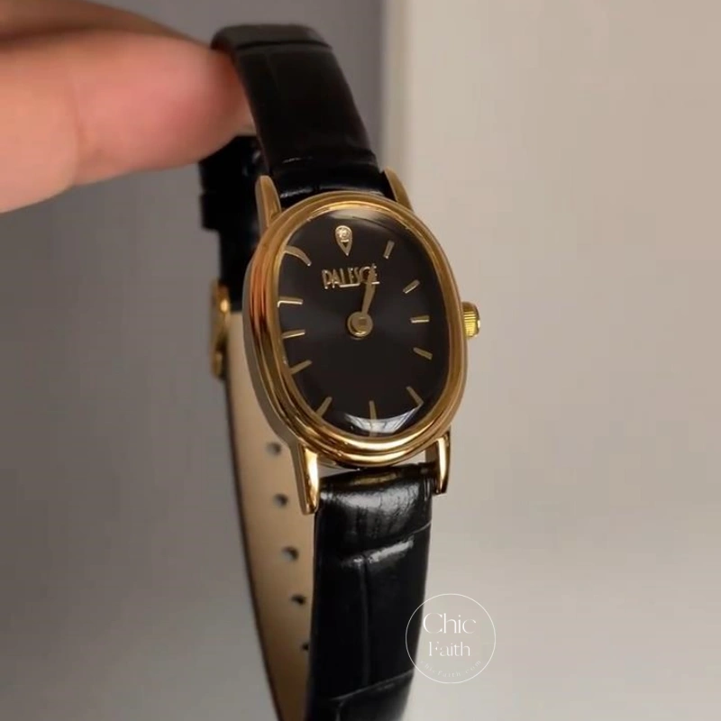 Classic Black Oval Dial Women's Watch Minimalist Leather Strap Watch