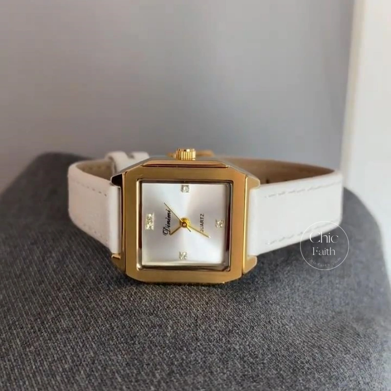 Chic Square Face Gold Women's Watch White Genuine Leather Watch