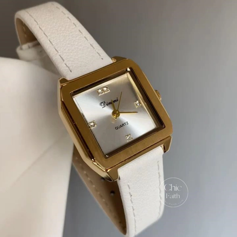 Chic Square Face Gold Women's Watch White Genuine Leather Watch