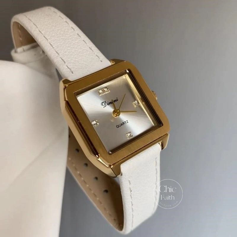 Chic Square Face Gold Women's Watch White Genuine Leather Watch