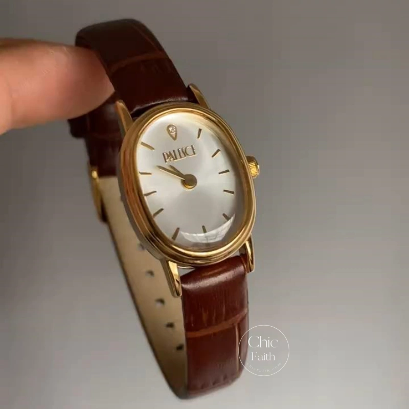 Chic Oval Beige Dial Watch Classic Brown Leather Watch for Women