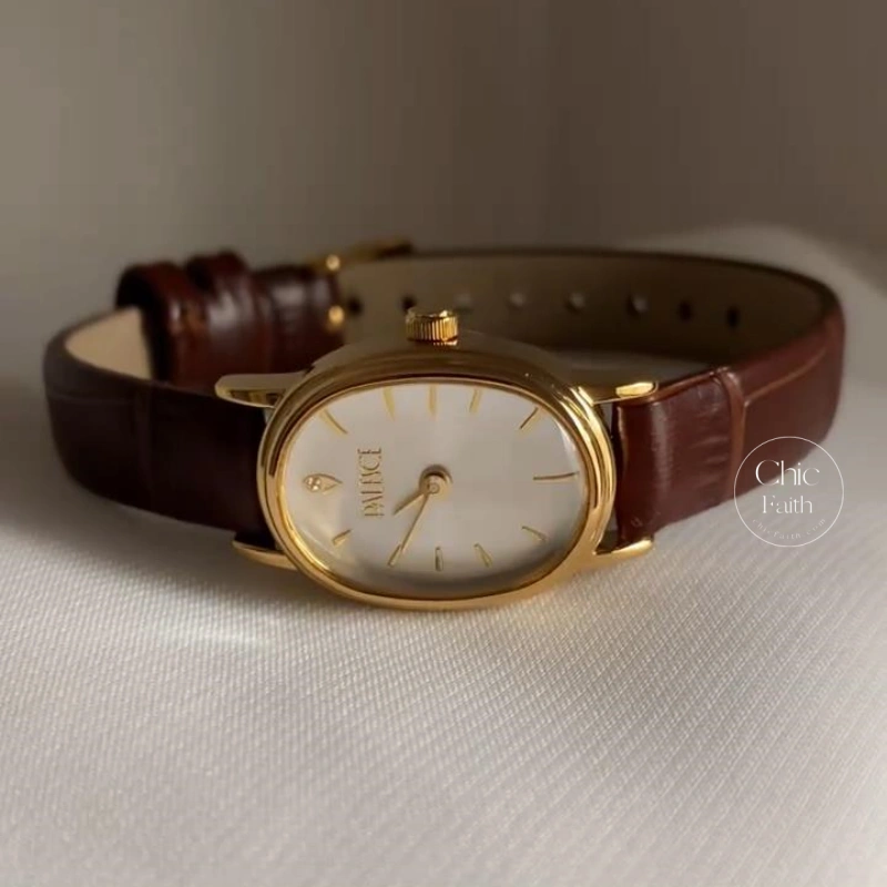 Chic Oval Beige Dial Watch Classic Brown Leather Watch for Women