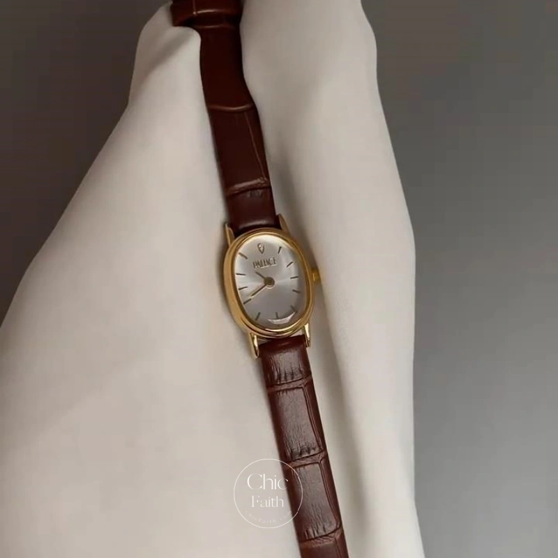 Chic Oval Beige Dial Watch Classic Brown Leather Watch for Women