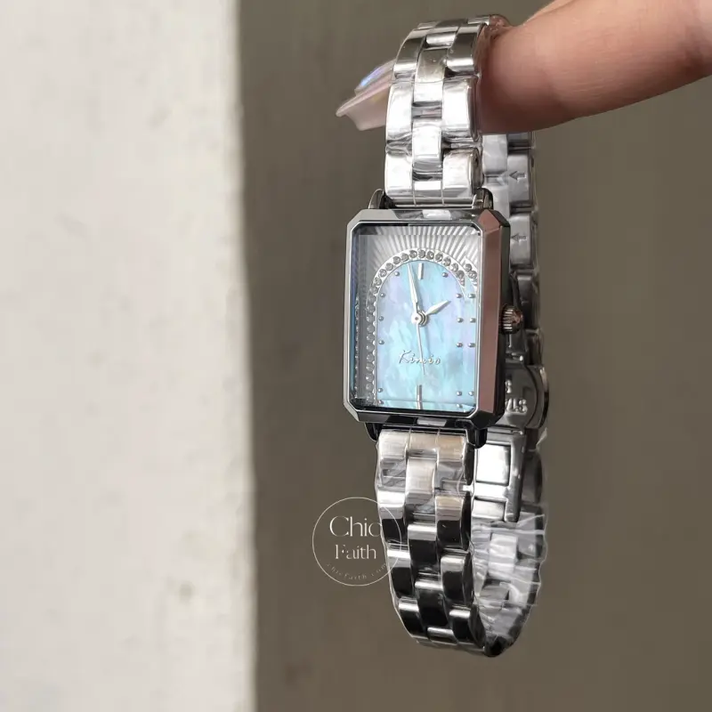 Blue Mother of Pearl Dial Watch Square Face Silver Ladies Watch