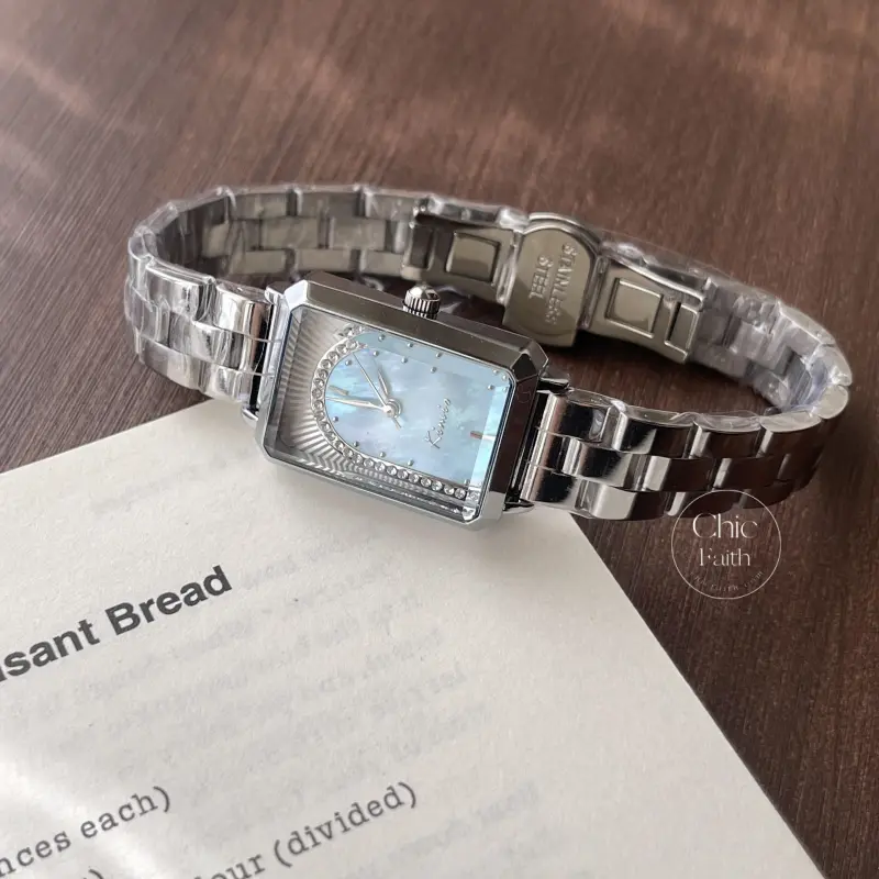 Blue Mother of Pearl Dial Watch Square Face Silver Ladies Watch