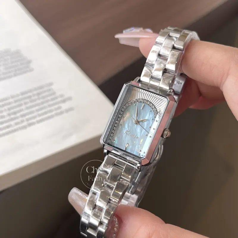 Blue Mother of Pearl Dial Watch Square Face Silver Ladies Watch