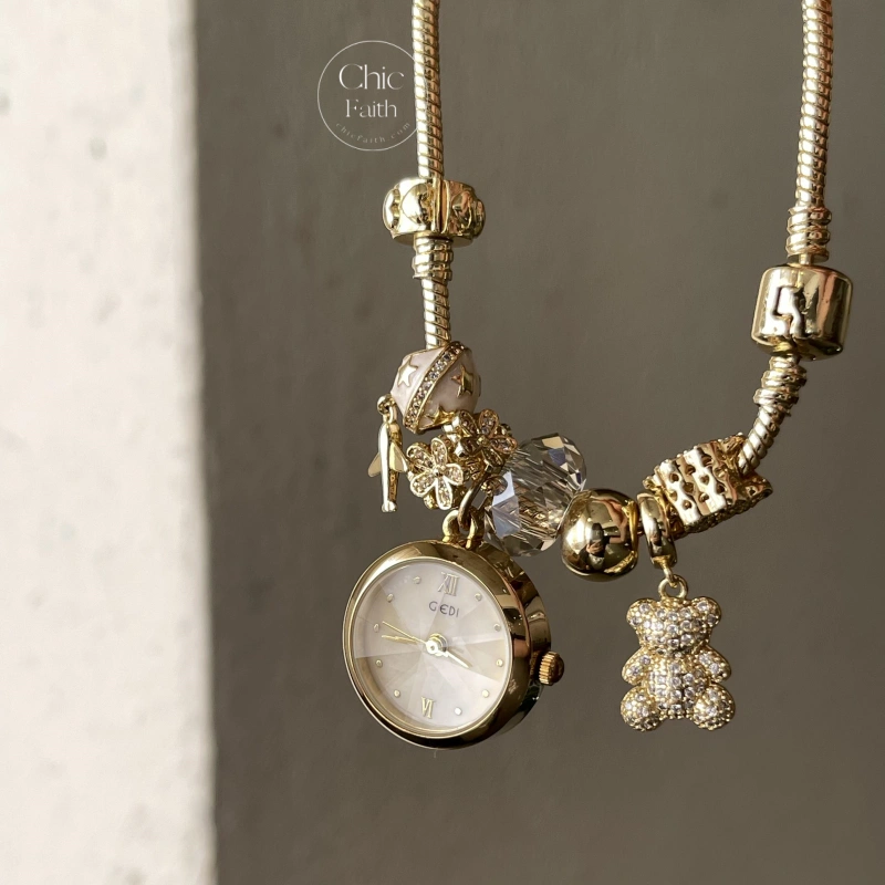 Dainty Gold Charm Bracelet Watch Unique Beads Gold Women's Watch
